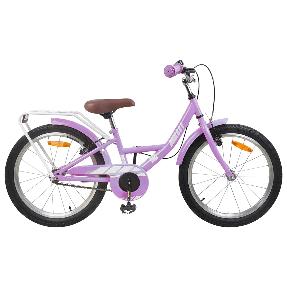 Ein lila Kinderfahrrad mit braunem Sattel, Gepäckträger und weißen Akzenten.