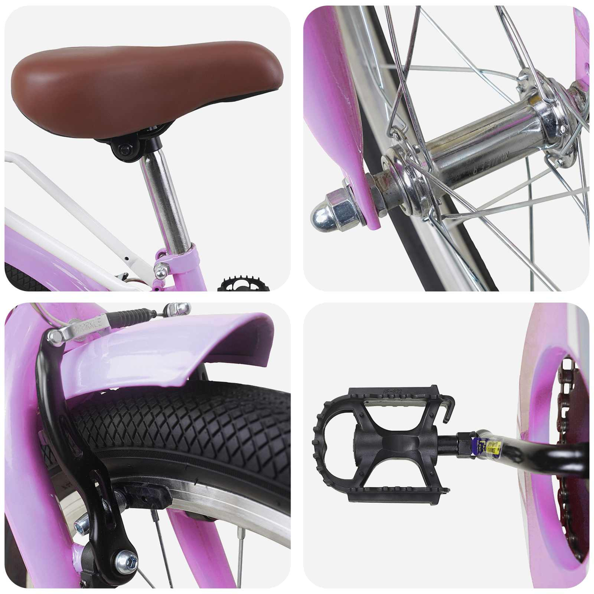 Nahaufnahme eines lila Fahrrads mit braunem Sattel, Radnabe, Schutzblech und Pedal.