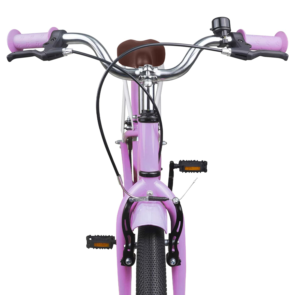 Ein lila Fahrrad mit braunem Sattel, rosa Griffen und schwarzer Klingel.