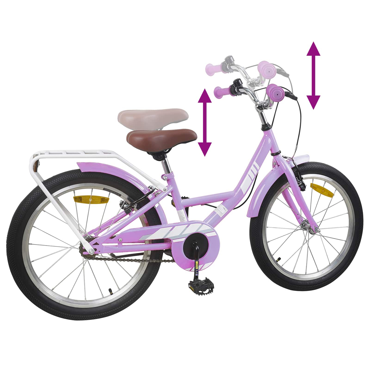 Lila Kinderfahrrad mit verstellbarem Sattel und Lenker, mit Gepäckträger.