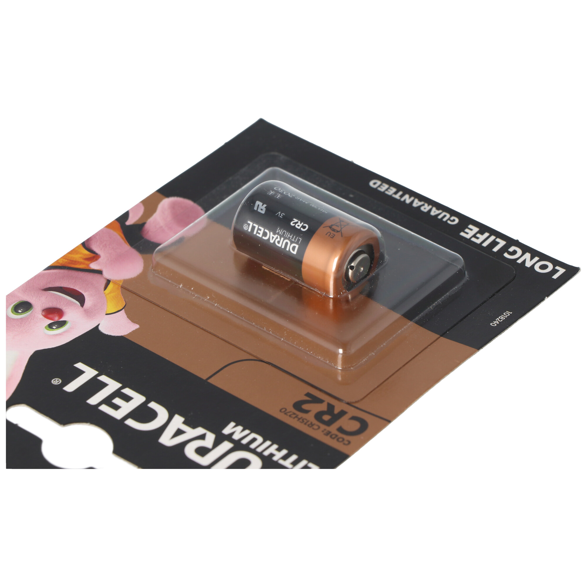 Una batteria al litio Duracell CR2 in confezione blister con un coniglio dei cartoni animati.