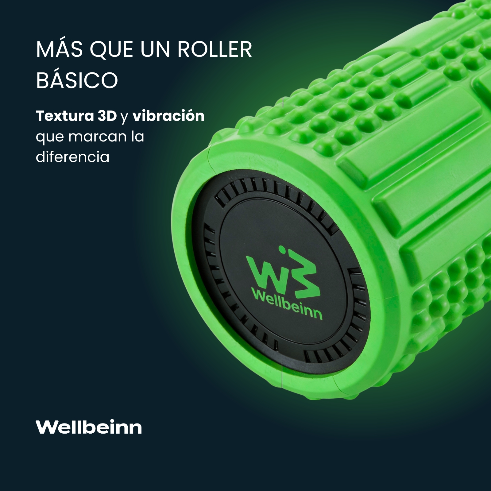 Rullo massaggiante verde con texture 3D e logo Wellbeinn.