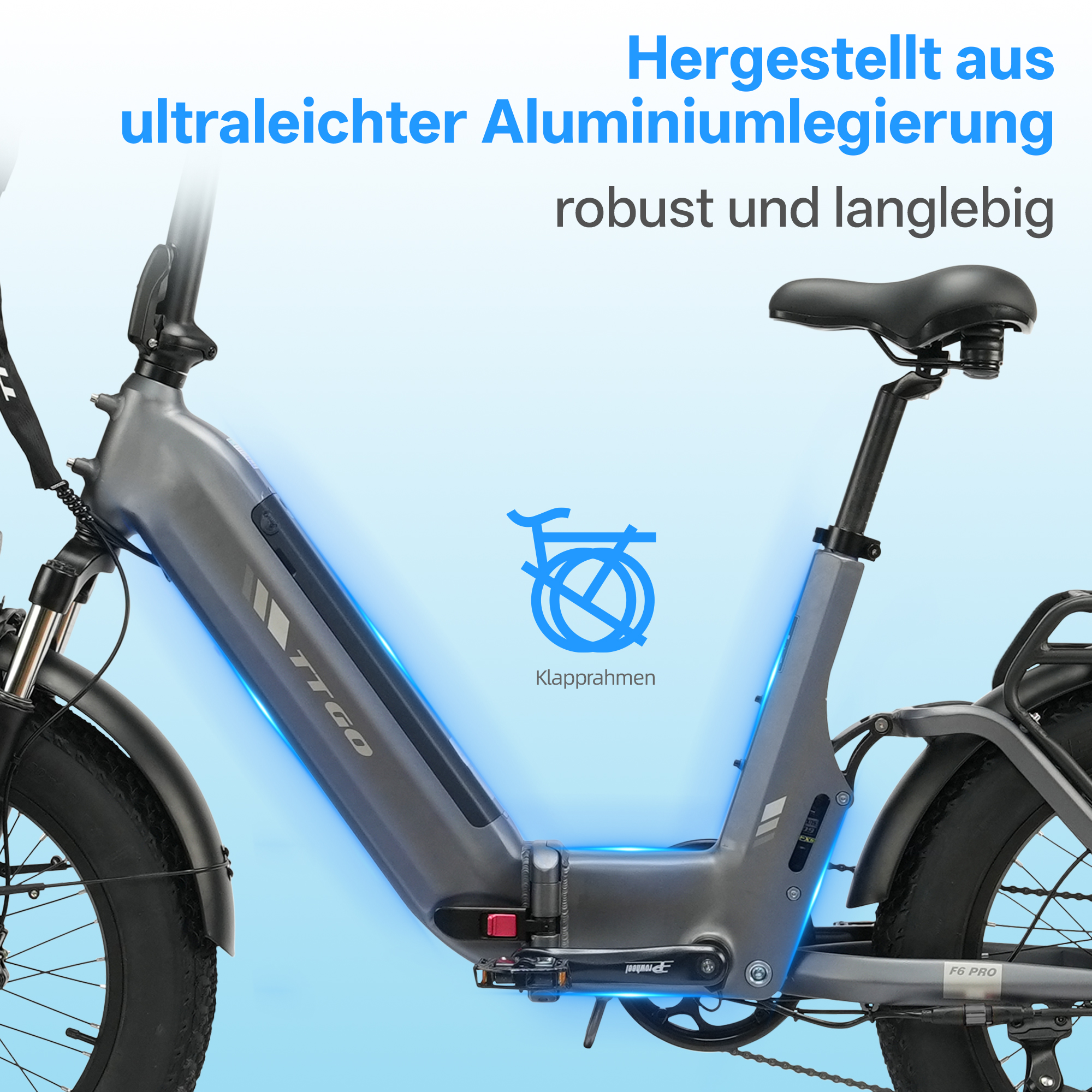 Graues E-Bike mit blau leuchtenden Akzenten, Klapprahmen-Symbol und Text.