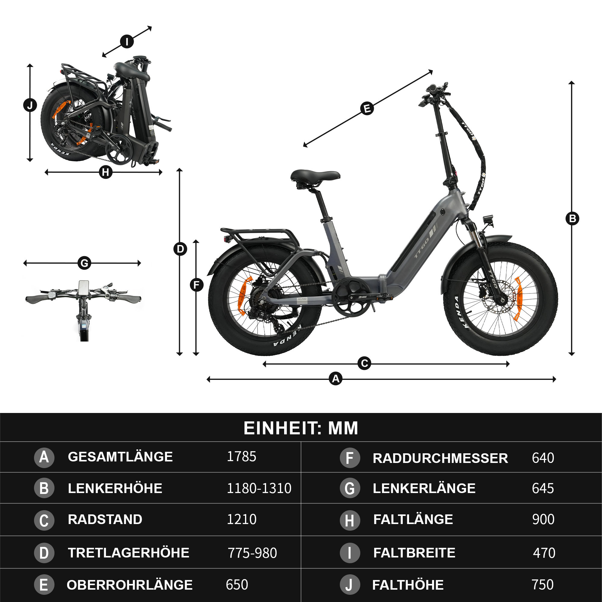 Ein graues faltbares E-Bike mit Maßen und Beschriftungen.