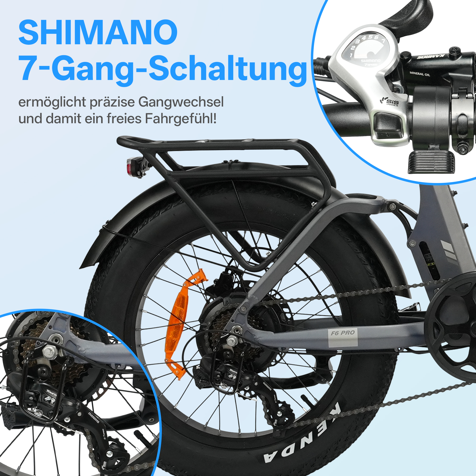 Shimano 7-Gang-Schaltung an einem E-Bike mit dickem Reifen und Gepäckträger.