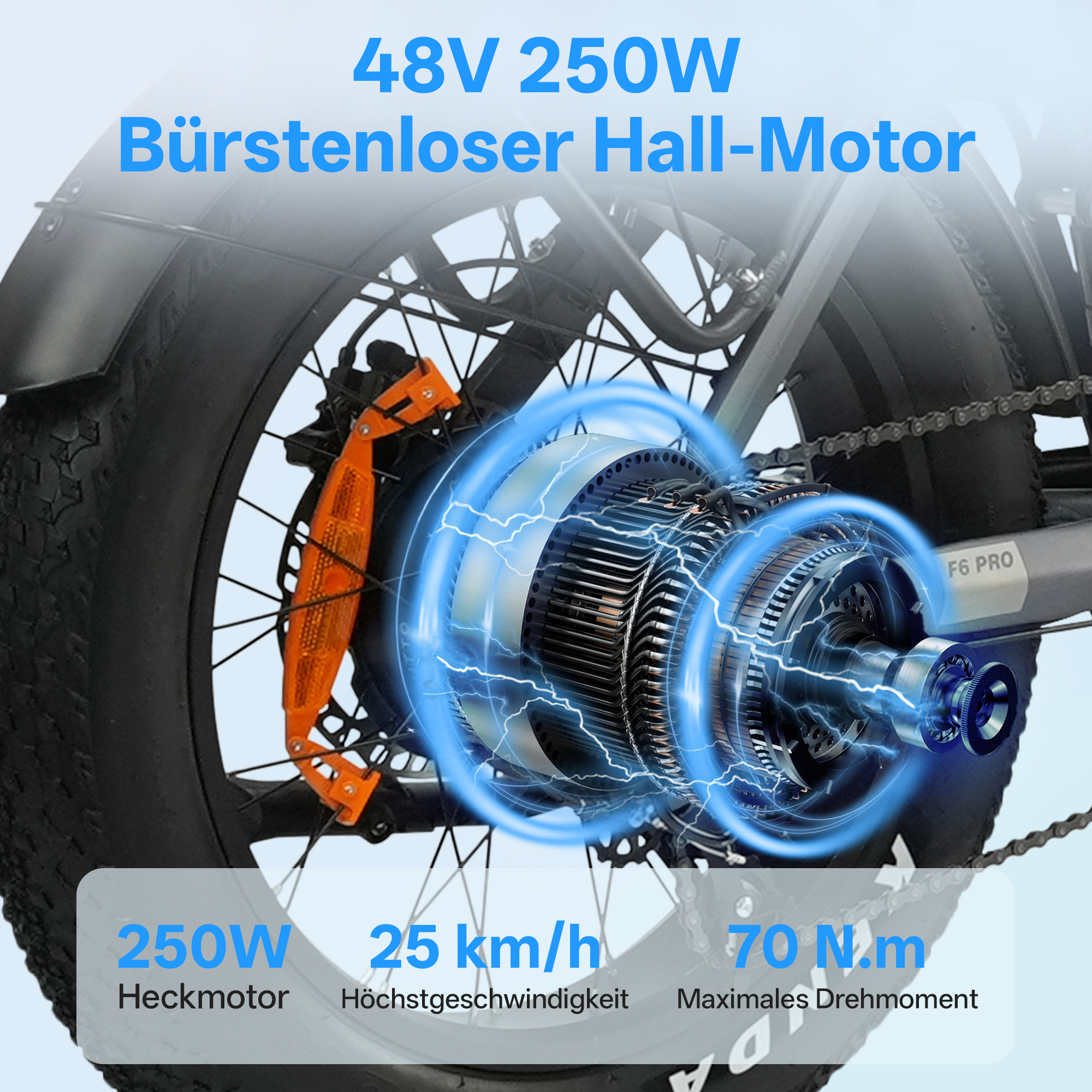 Fahrradmotor mit 48V, 250W, 25 km/h, 70 Nm, Heckmotor.