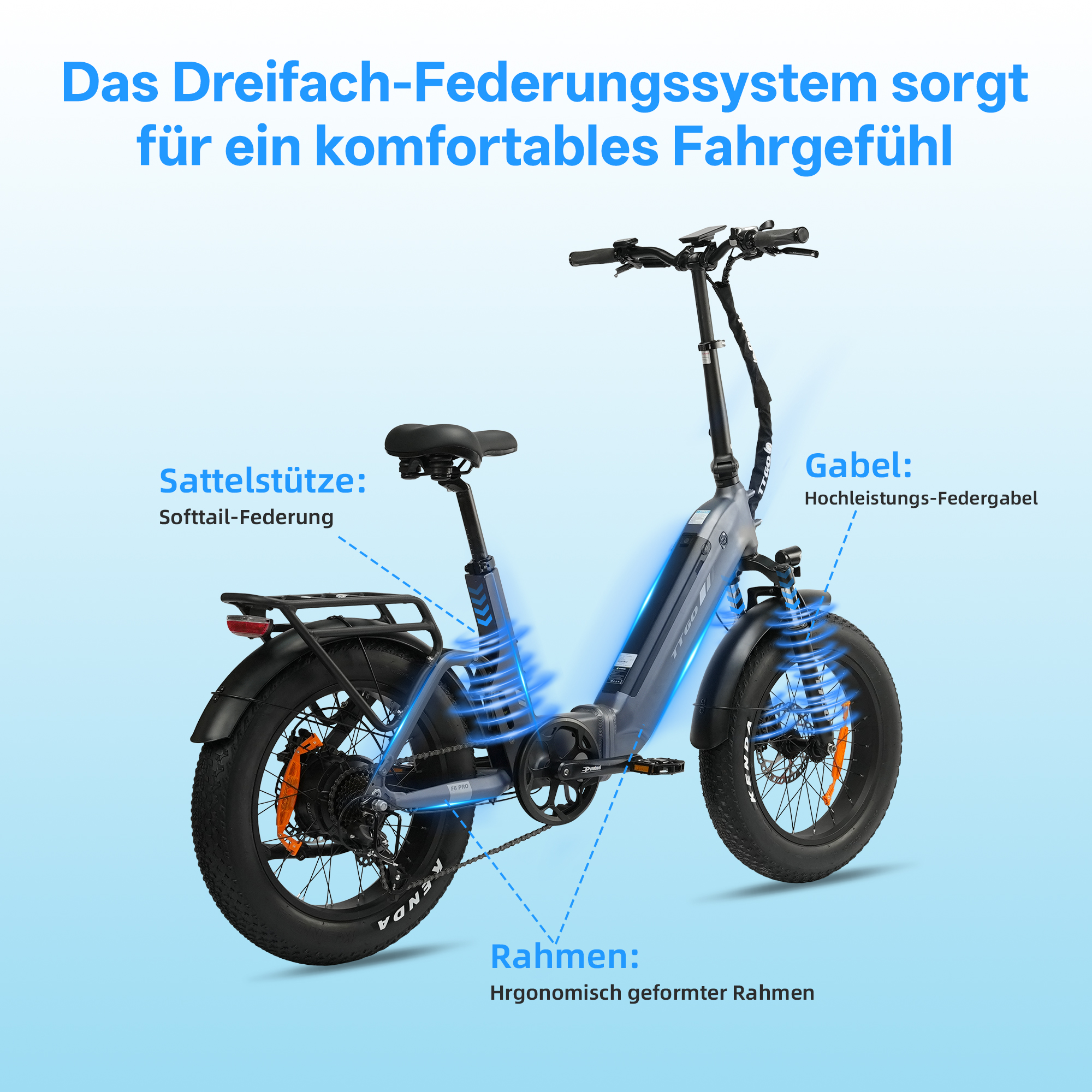 Ein graues E-Bike mit Hervorhebungen, die Federungssysteme zeigen.