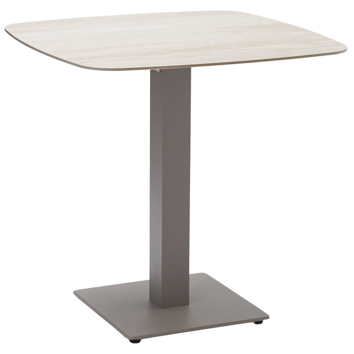 Een lichtgekleurde, vierkante tafel met afgeronde hoeken op een grijze voet.