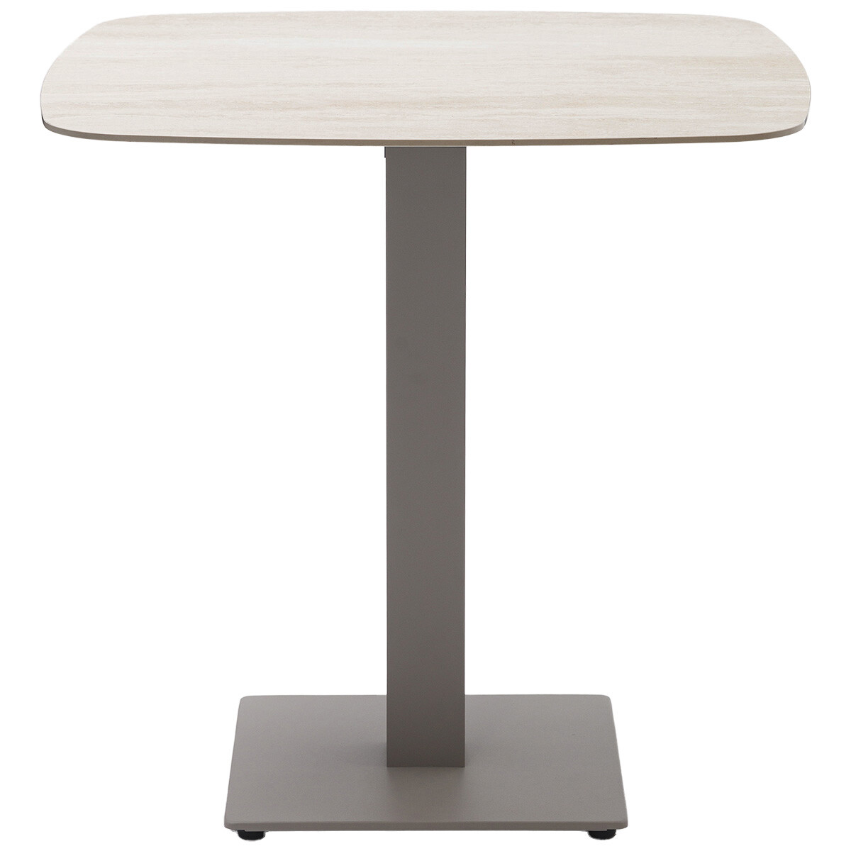 Een lichte tafel met een rechthoekig blad en afgeronde hoeken.