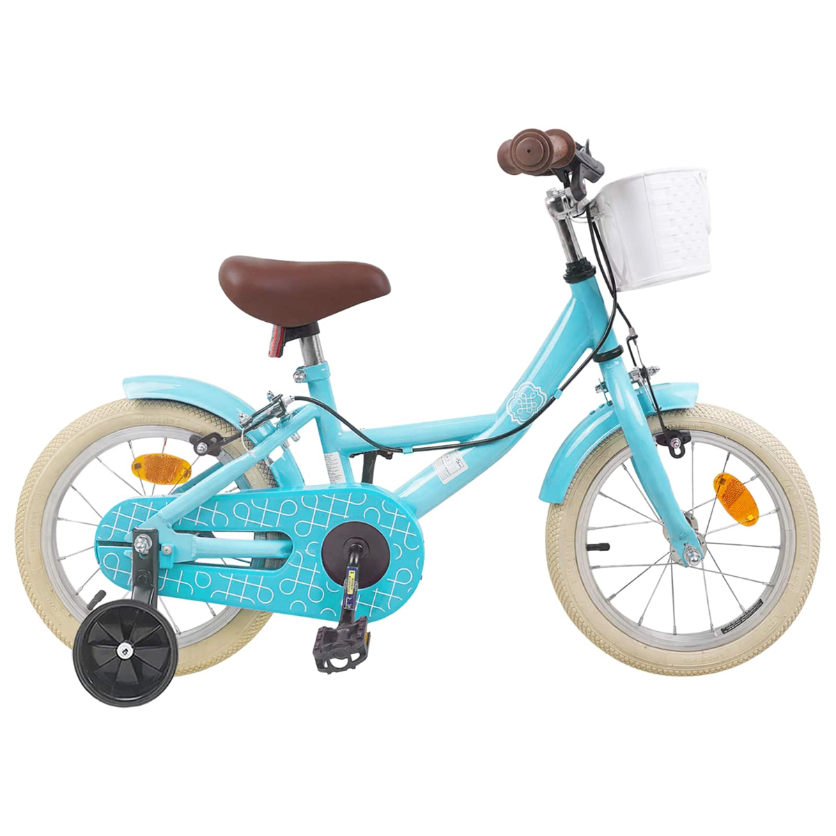 Türkisblaues Kinderfahrrad mit braunem Sattel, weißem Korb und Stützrädern.