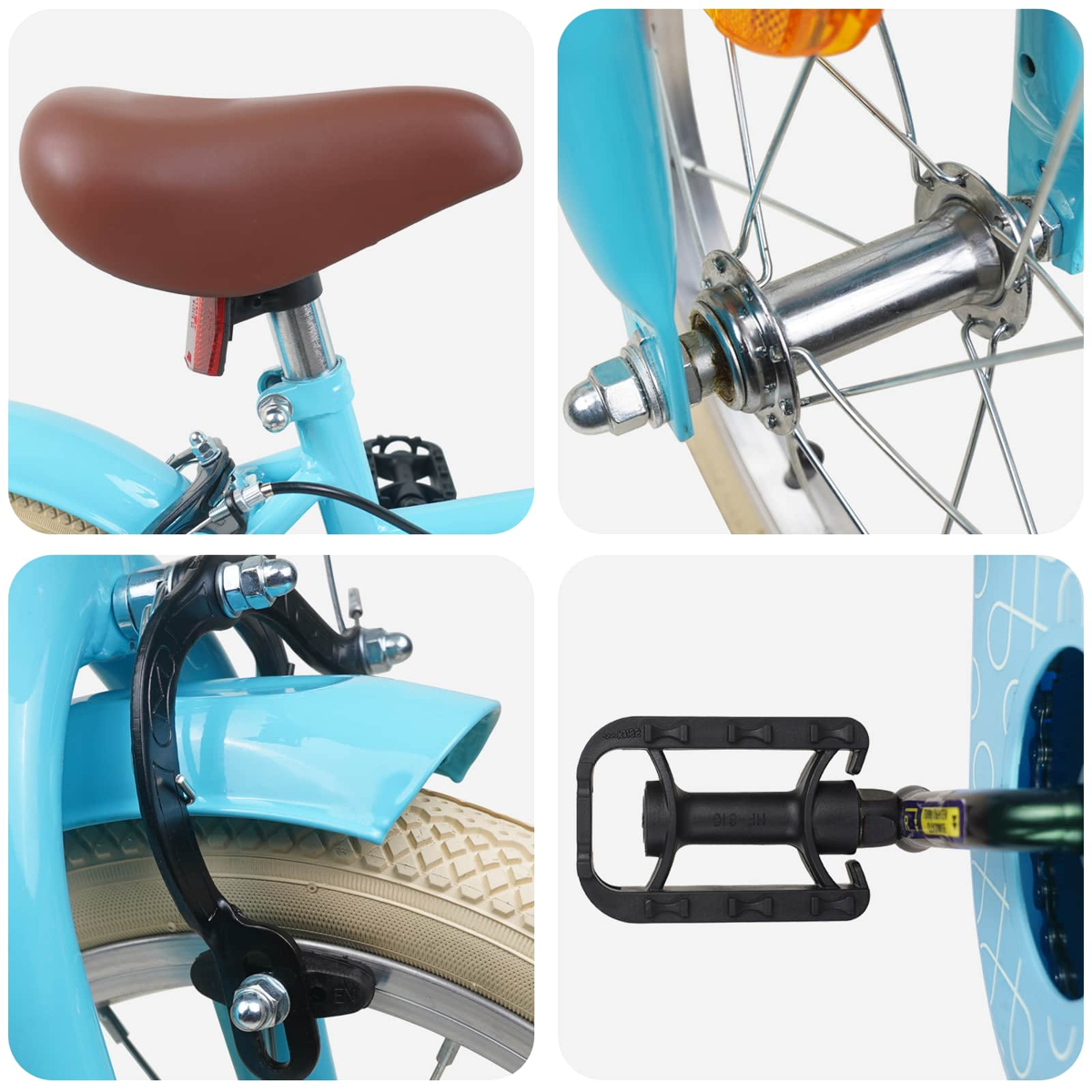 Vier Nahaufnahmen eines blauen Kinderfahrrads: Sattel, Vorderradnabe, Bremse und Pedal.