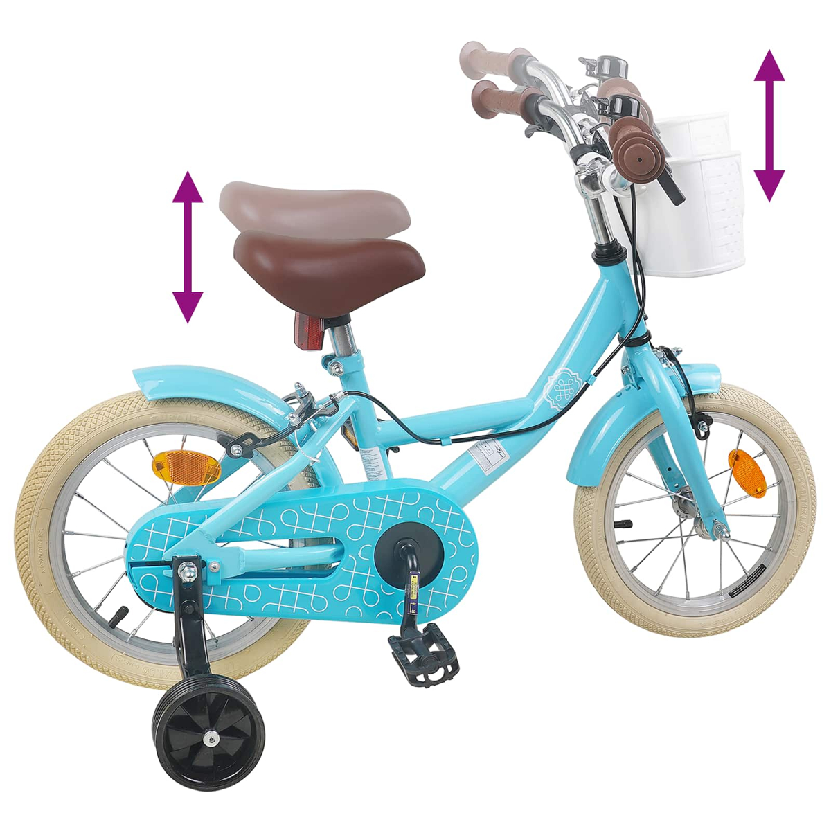 Ein hellblaues Fahrrad mit Stützrädern und weißem Vorderkorb.