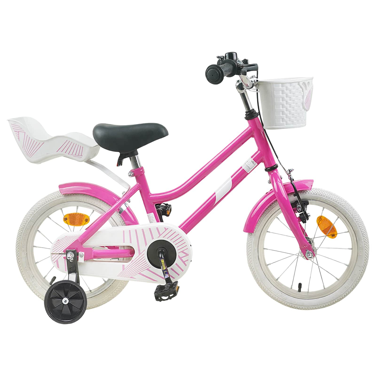 Ein pinkes Fahrrad mit weißen Reifen, Korb und Stützrädern.
