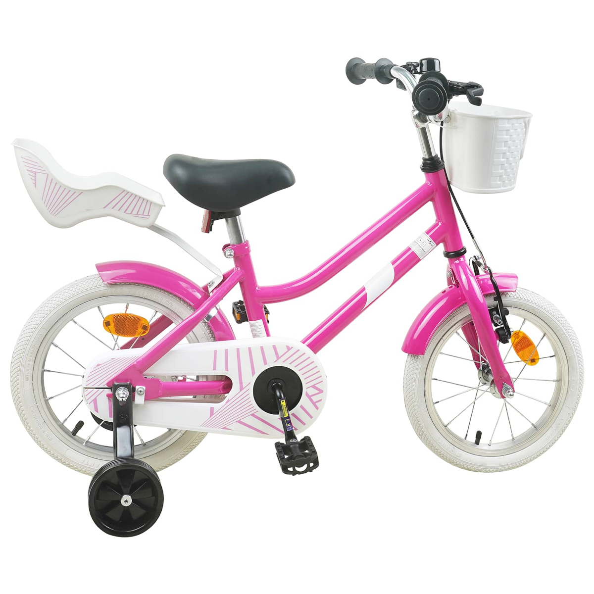 Ein pinkes Kinderfahrrad mit Stützrädern, weißem Korb und Kindersitz.