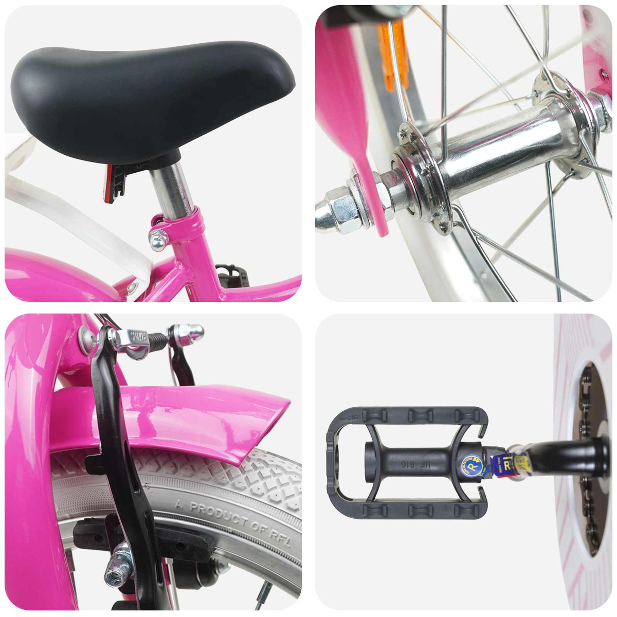 Nahaufnahme eines rosa Kinderfahrrads: Sitz, Vorderradnabe, Hinterradbremse und Pedal.