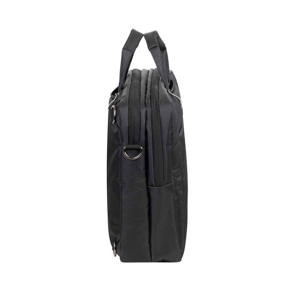 Schwarze Laptoptasche mit Henkeln und Schultergurt-Ringen, Seitenansicht.