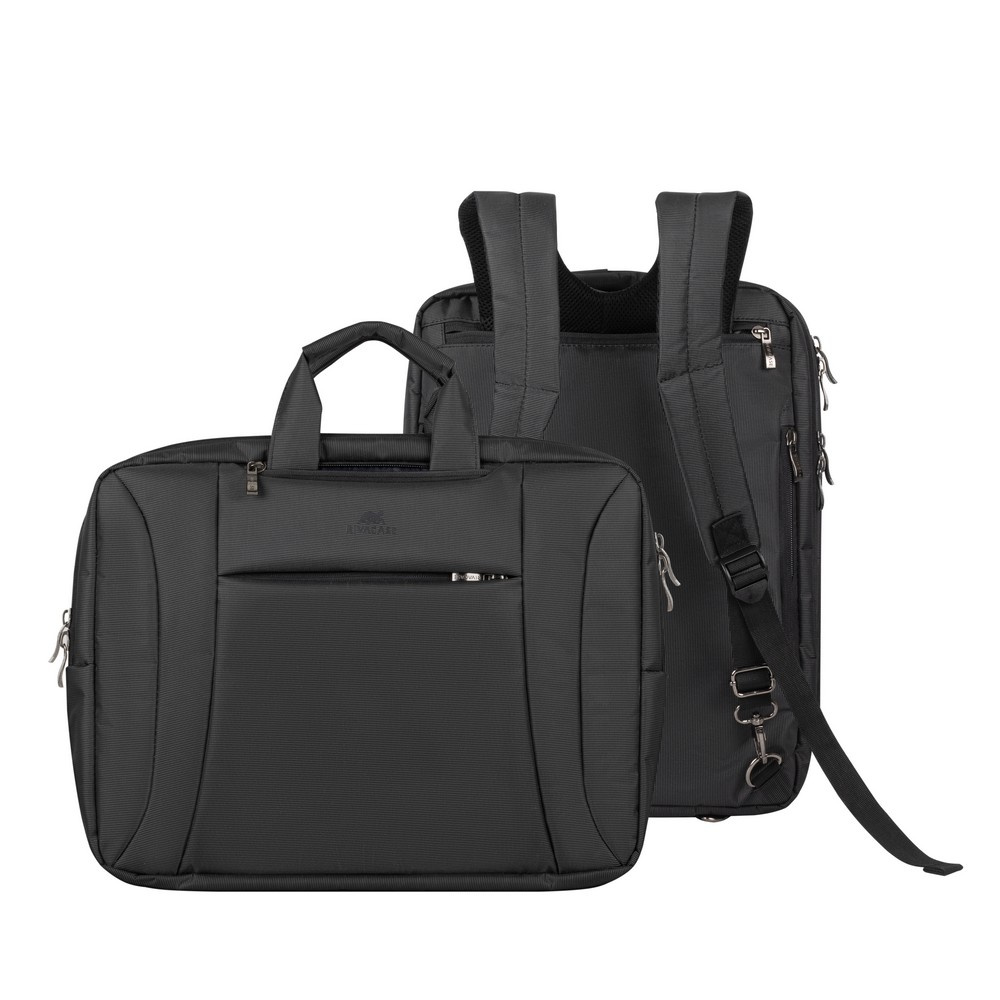 Schwarze Laptoptasche und Rucksack nebeneinander auf weißem Hintergrund.