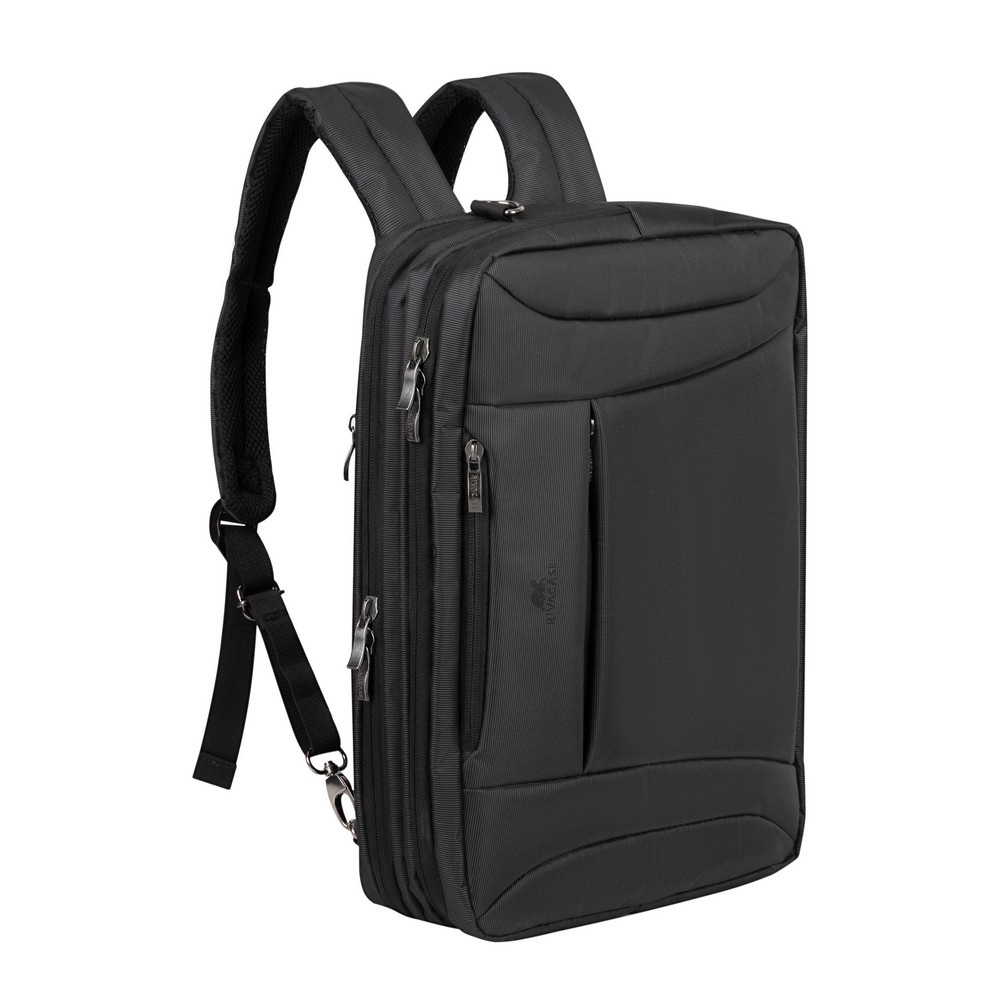 Ein schwarzer Rucksack mit gepolsterten Trägern und mehreren Reißverschlusstaschen.