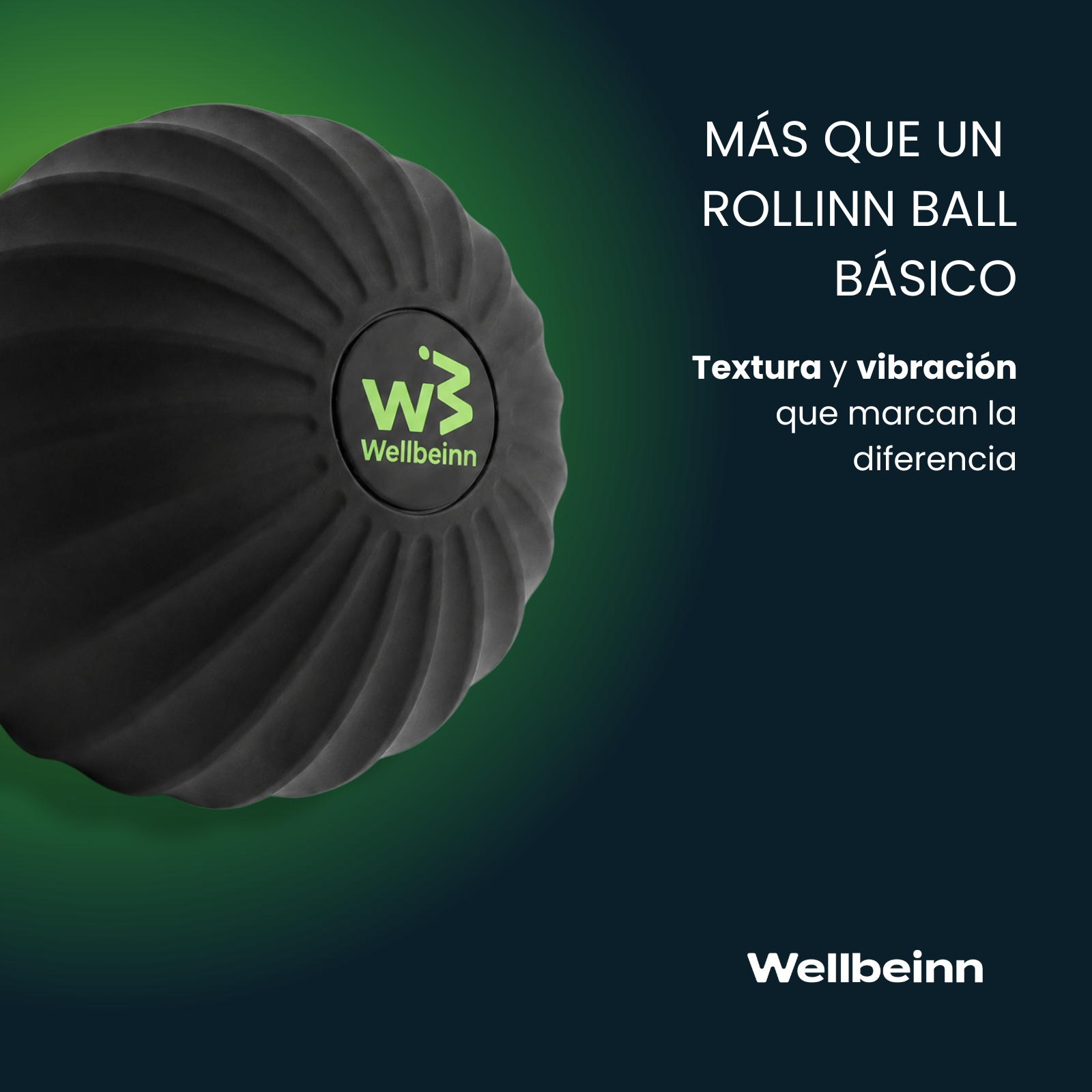 Pelota de masaje negra texturizada con logo verde. Texto en español.