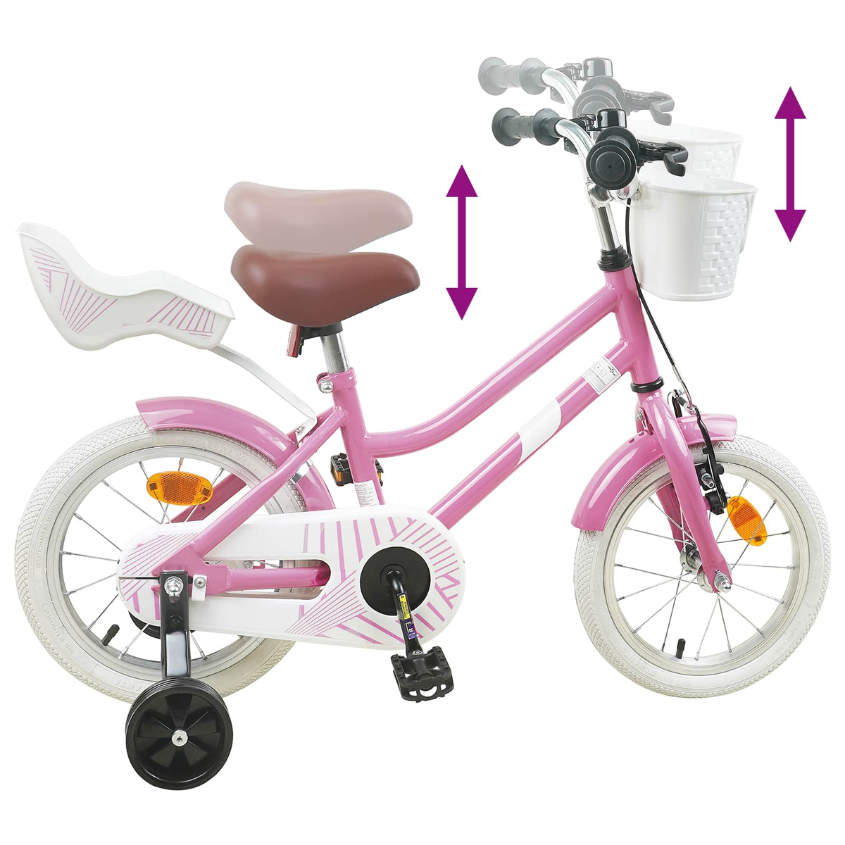Ein rosafarbenes Kinderfahrrad mit Stützrädern, weißer Vordergabel und weißem Korb.