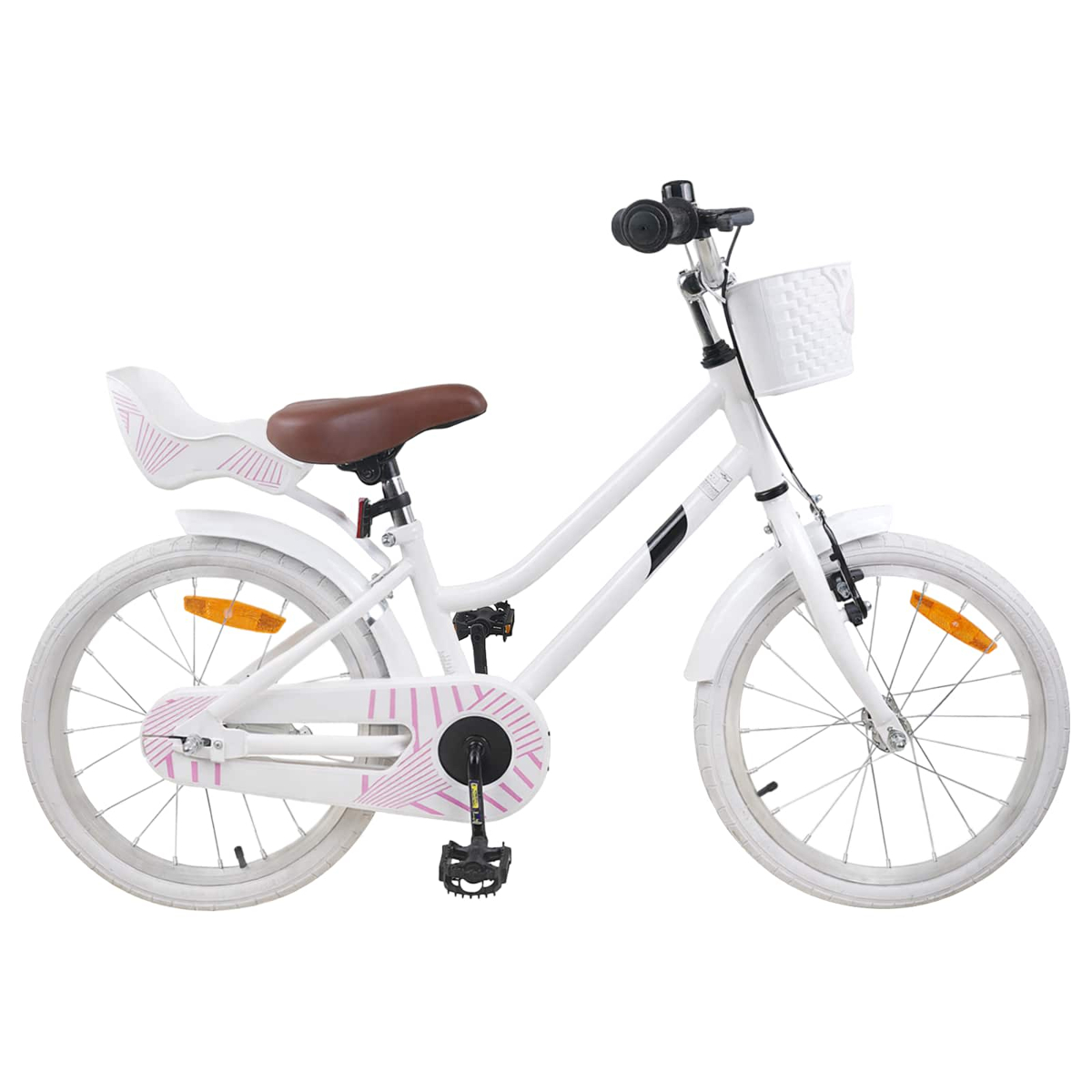 Weißes Kinderfahrrad mit braunem Sattel, weißem Korb und pinken Mustern.