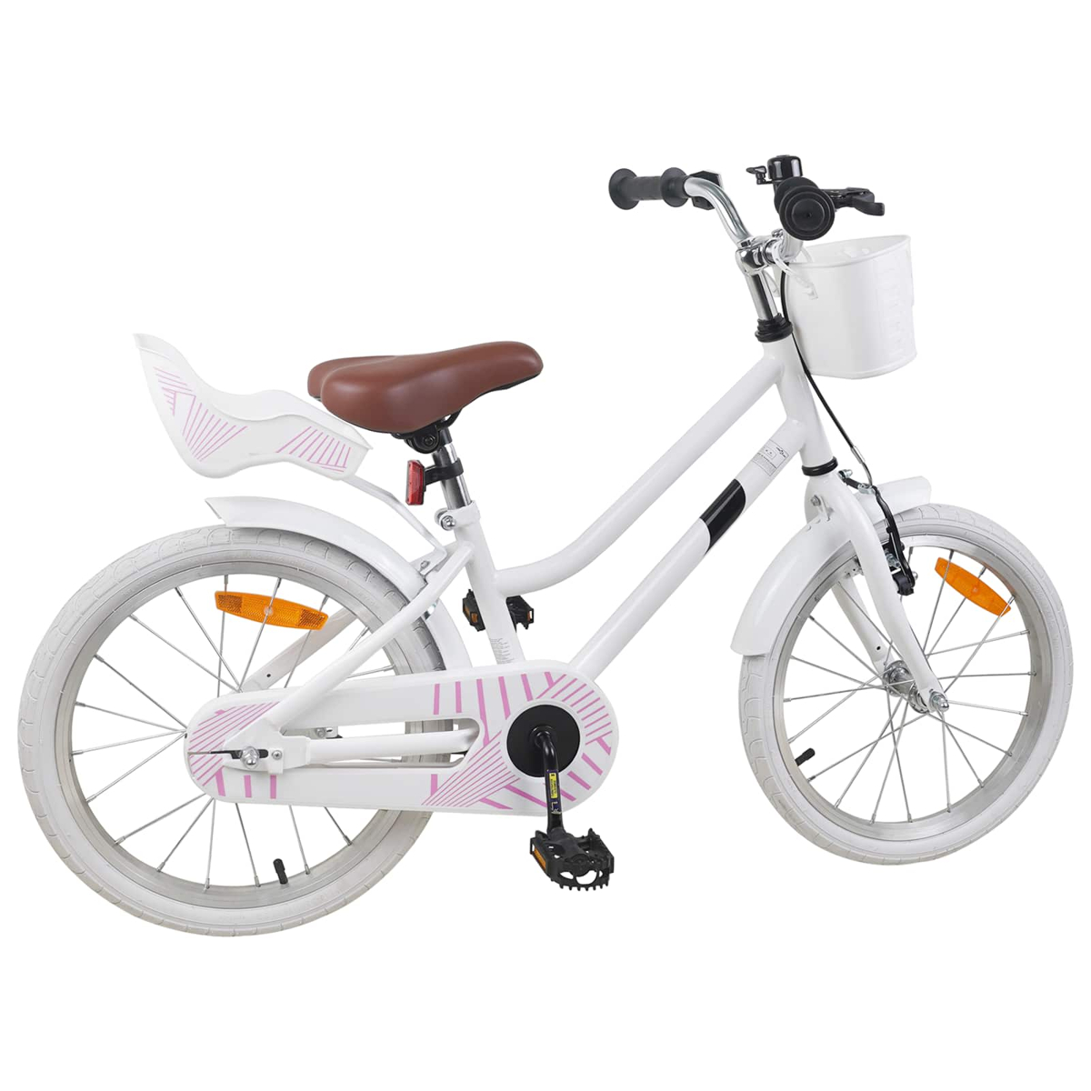 Weißes Fahrrad mit rosa Akzenten, braunem Sitz und weißem Korb.