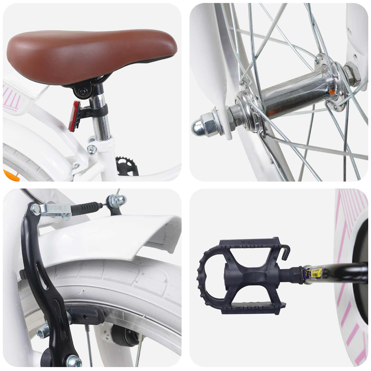 Collage eines weißen Fahrrads: brauner Sattel, Vorderradnabe, Hinterradbremse, schwarzer Pedal.