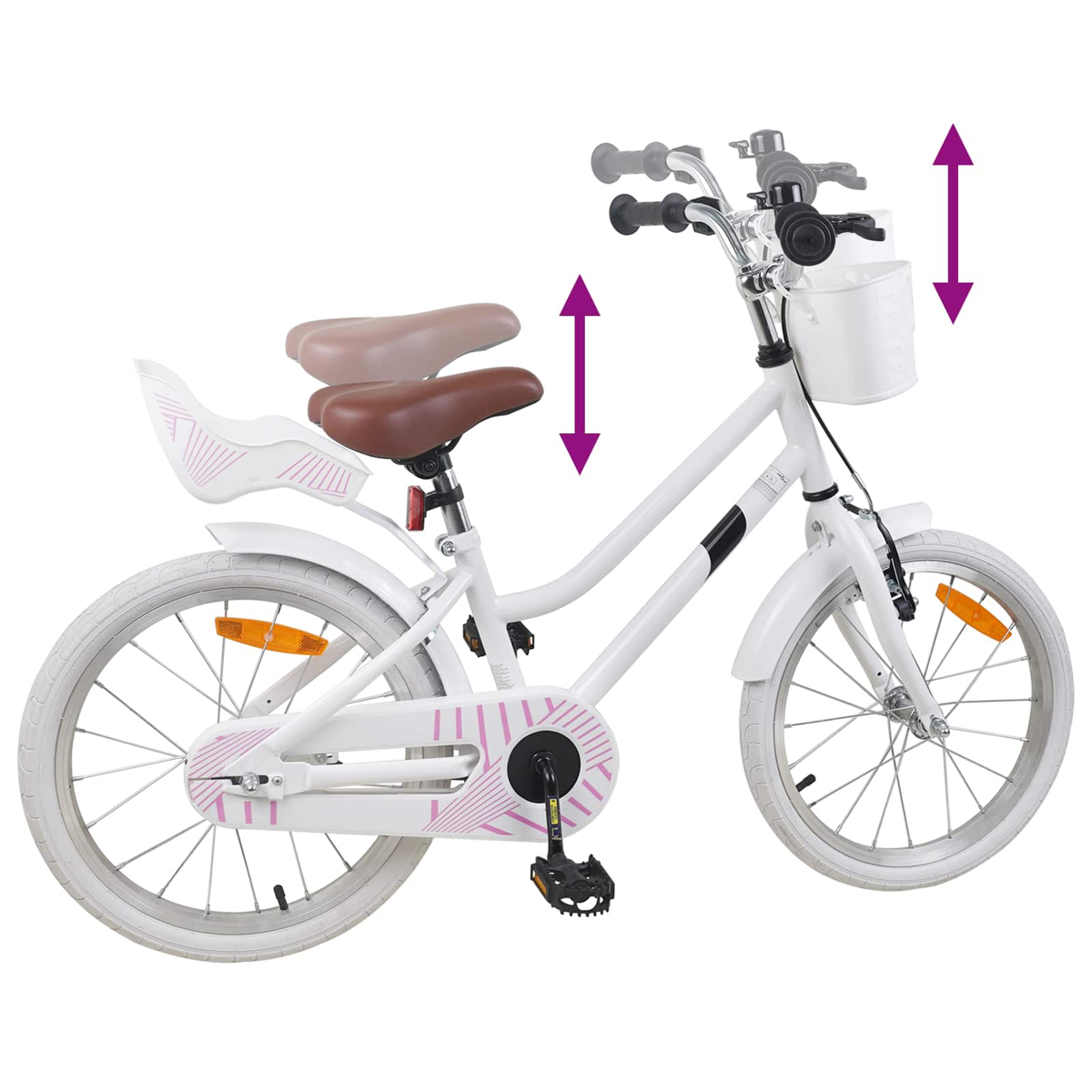 Weißes Kinderfahrrad mit rosa Streifen, verstellbarem Sattel und Lenker.