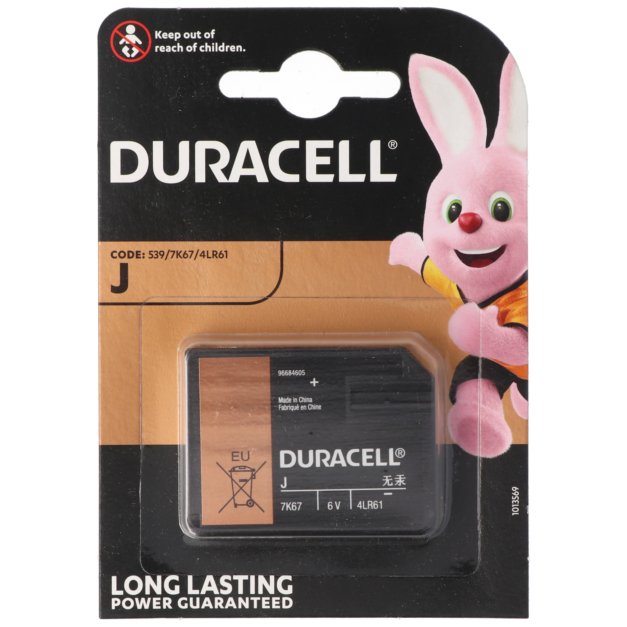 Batteria Duracell J 6V 4LR61 in confezione con coniglio, segnale avviso.