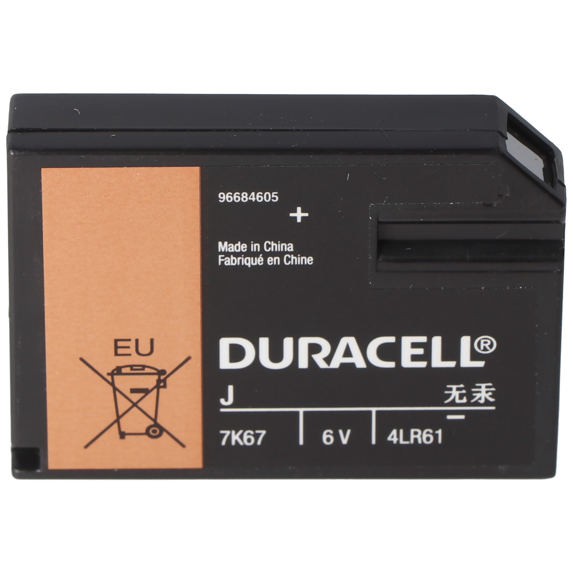 Batteria Duracell 6V nera con simbolo UE arancione e modello 4LR61.