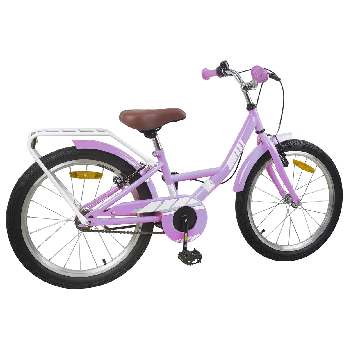 Ein lila Kinderfahrrad mit braunem Sattel und Gepäckträger.