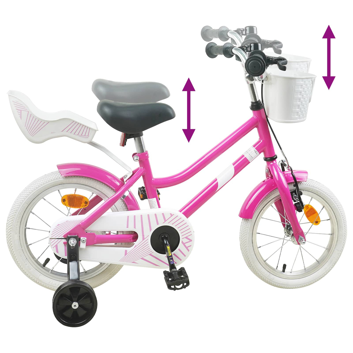 Ein pinkes Kinderfahrrad mit Stützrädern, Korb und verstellbarem Sitz.