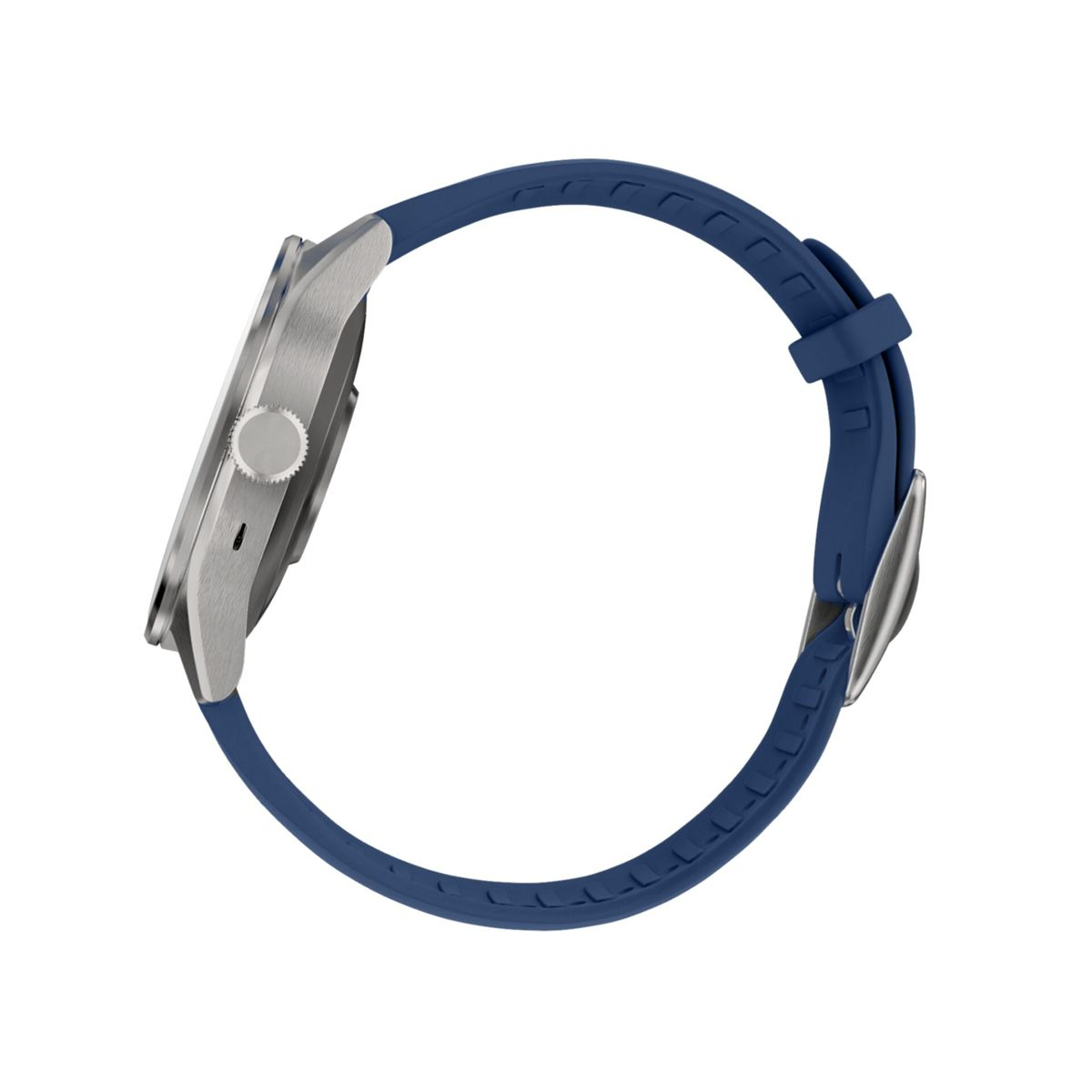 Silberfarbene Uhr mit blauem Armband auf weißem Hintergrund.