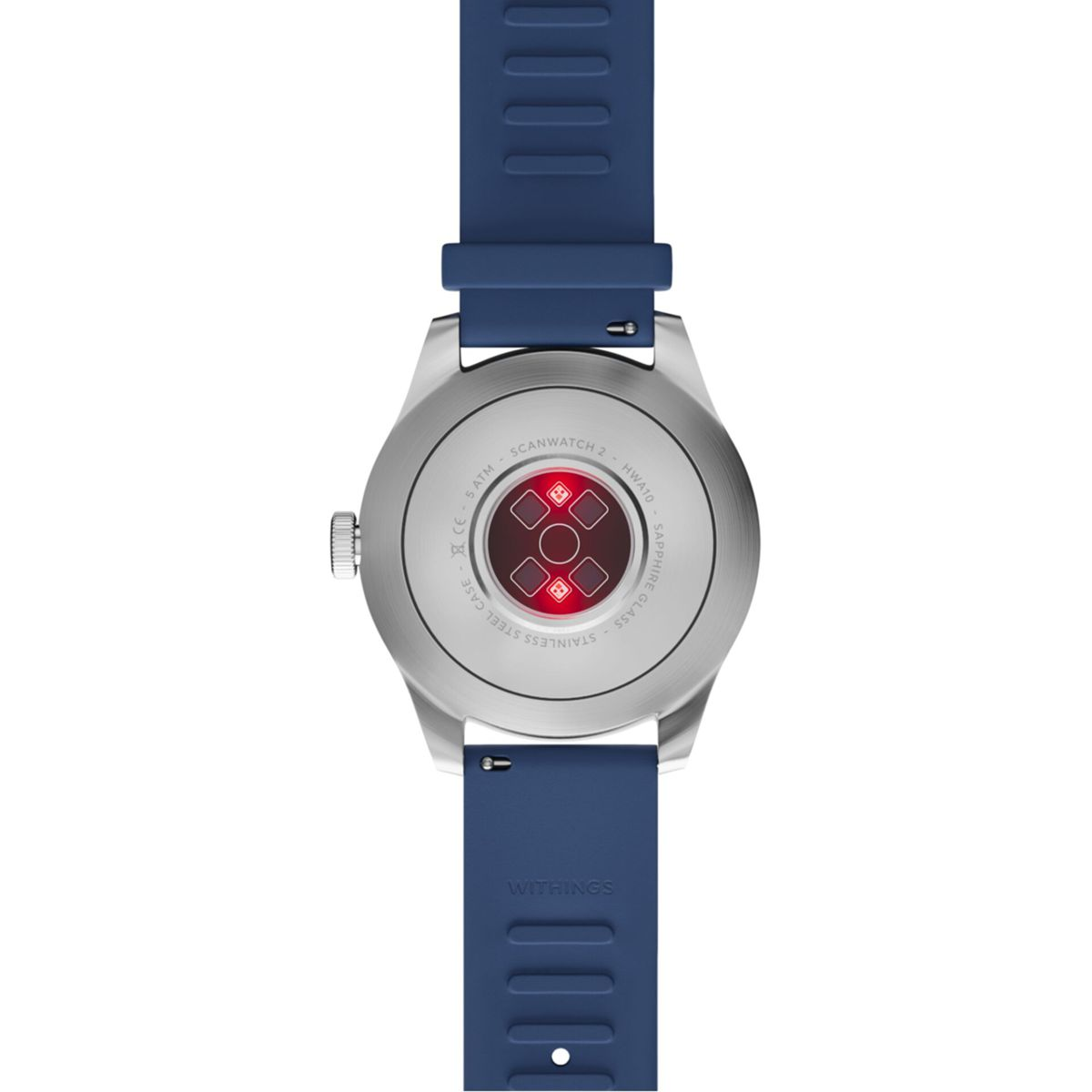 Rückseite einer blauen Smartwatch mit Herzfrequenzsensoren auf dem Gehäuse.