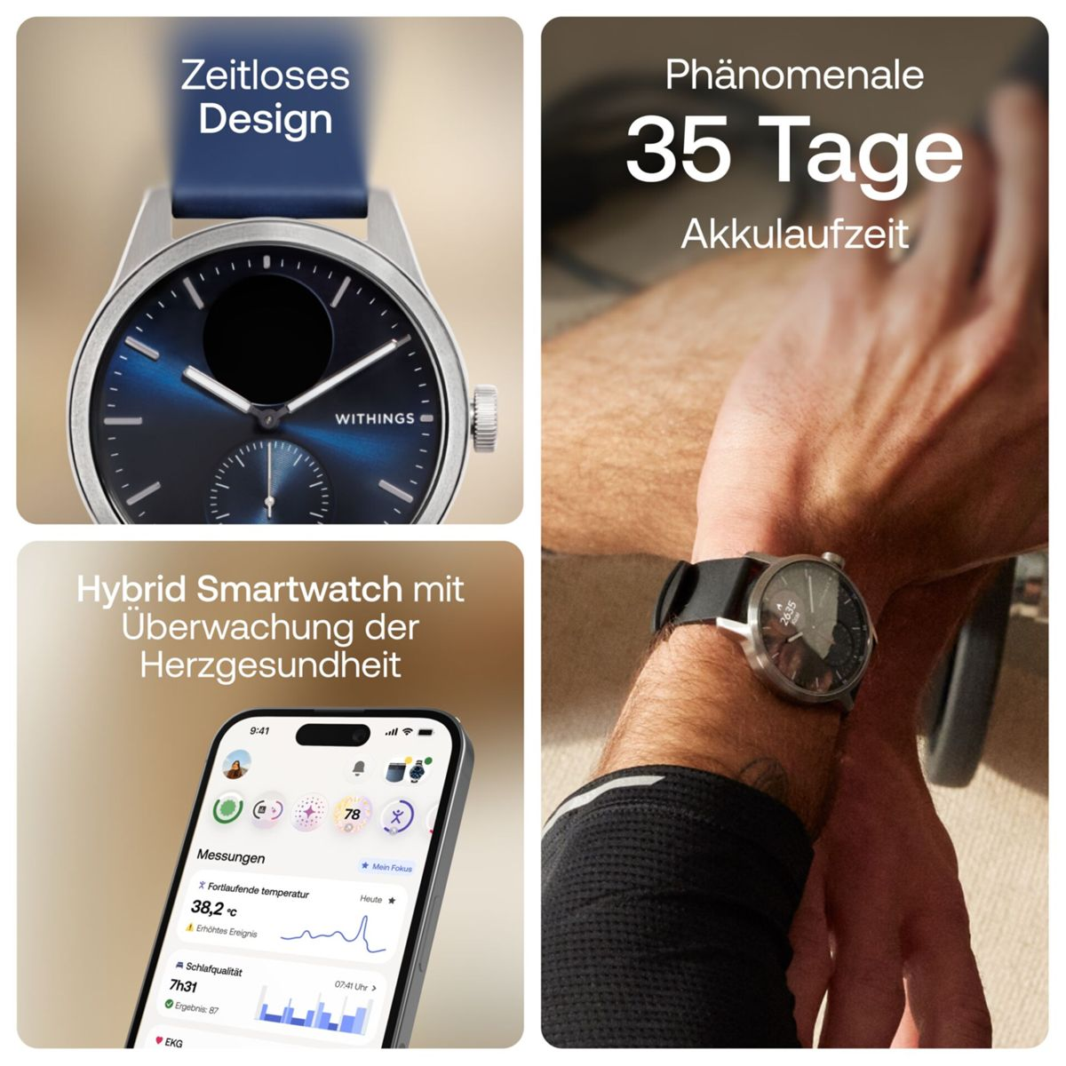 Hybrid Smartwatch mit zeitlosem Design und 35 Tagen Akkulaufzeit.