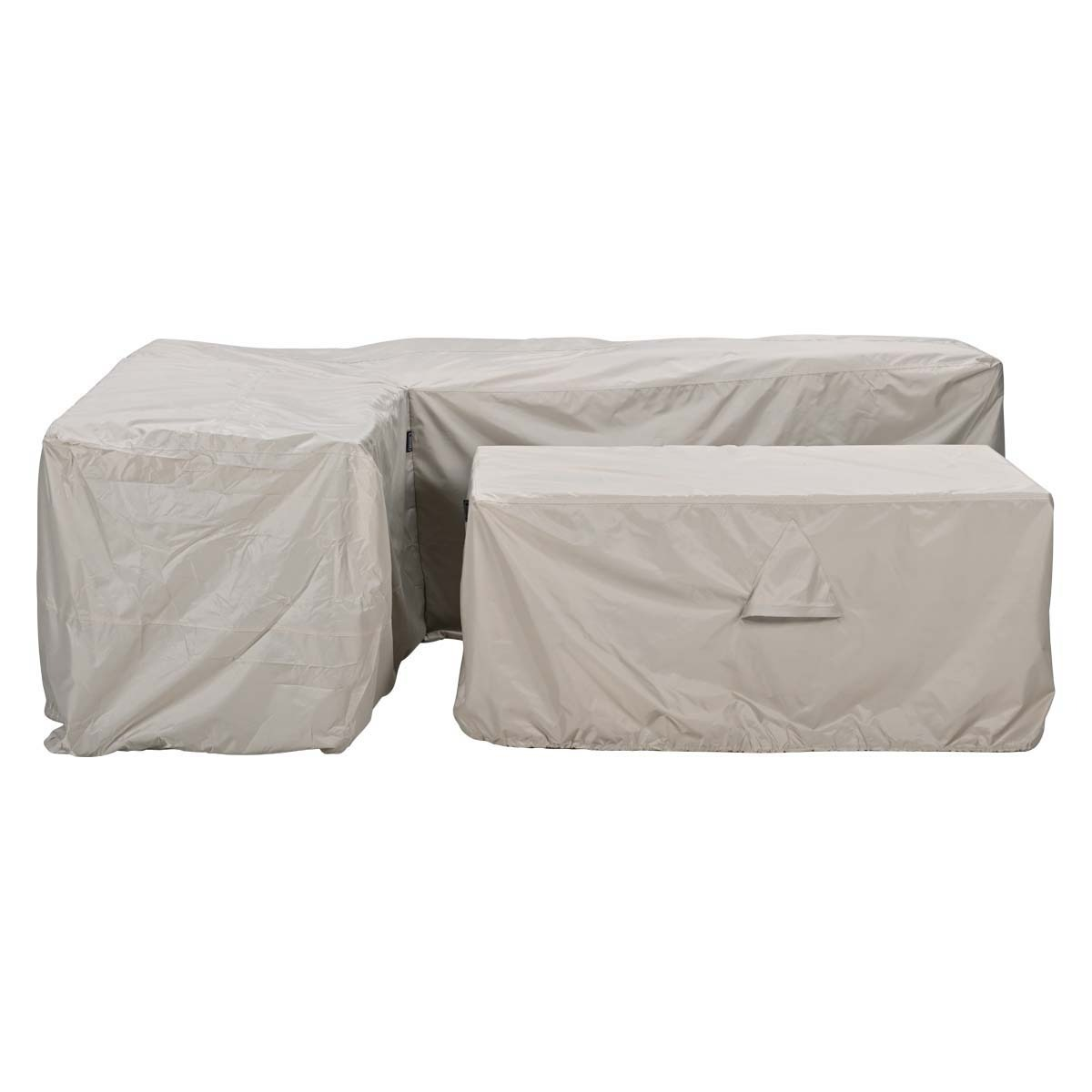 Outdoor furniture covers protect an L-shaped couch and a rectangular table.