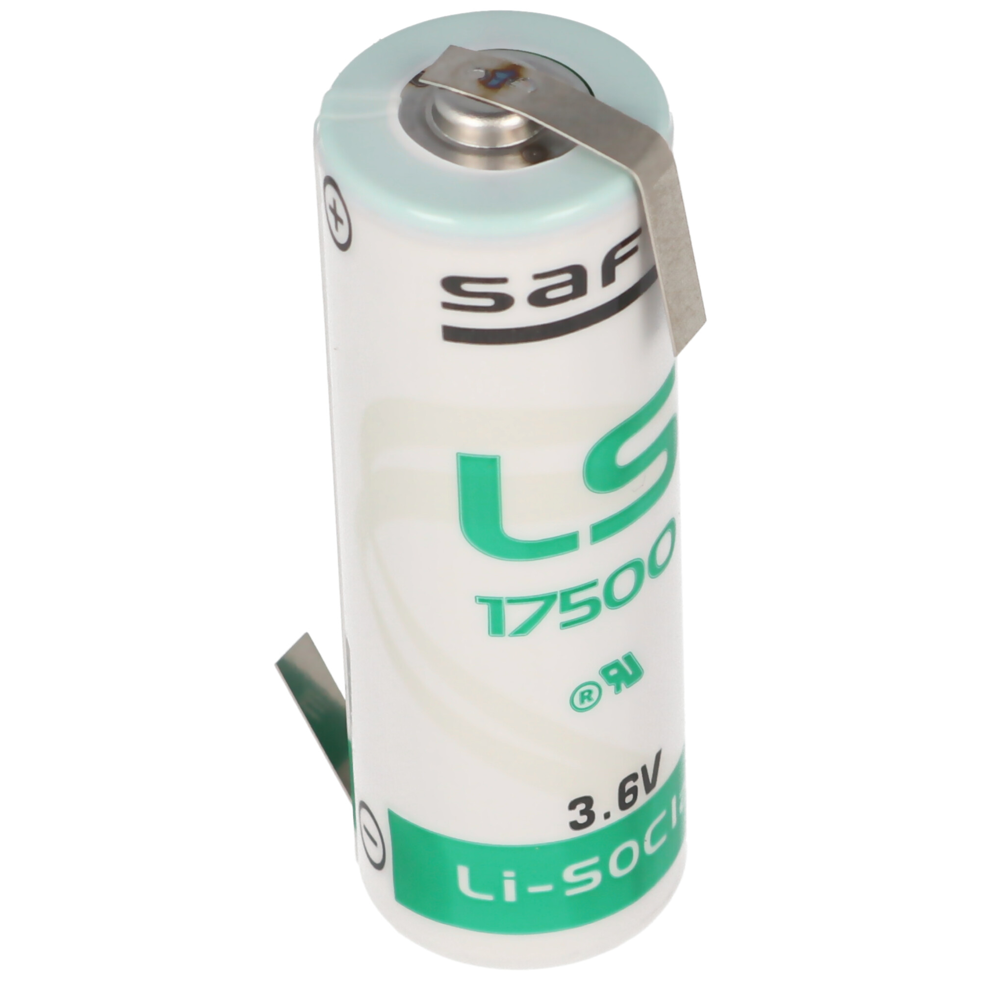 Weiße Batterie mit grünen Markierungen: LS 17500, 3,6V Li-SOCl2.