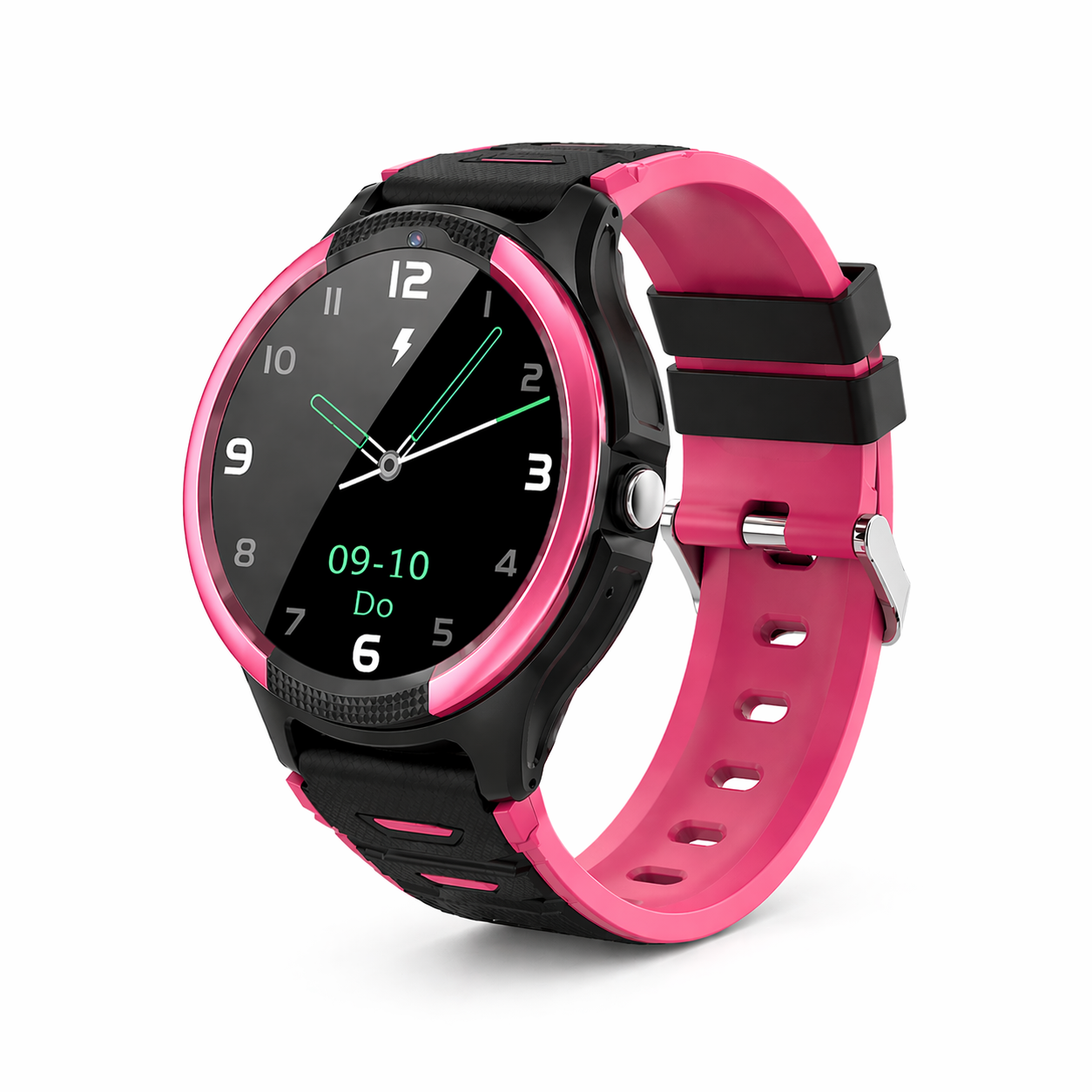 Eine pinkfarbene Smartwatch mit schwarzem Zifferblatt und Armband.