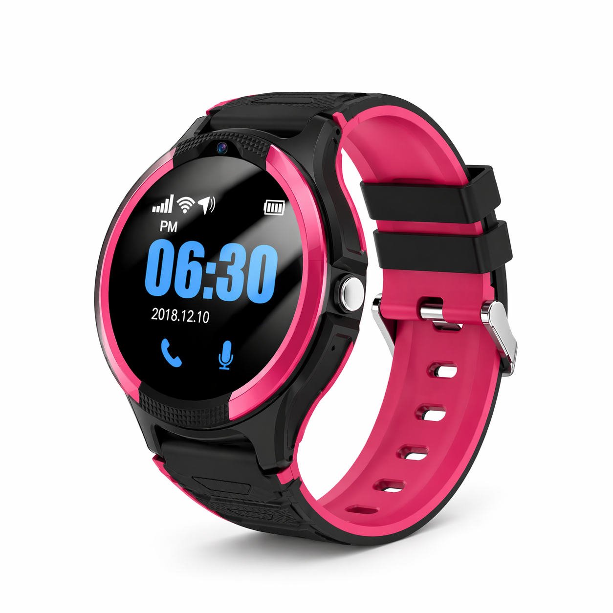 Eine pink-schwarze Smartwatch mit digitaler Anzeige, die 06:30 zeigt.