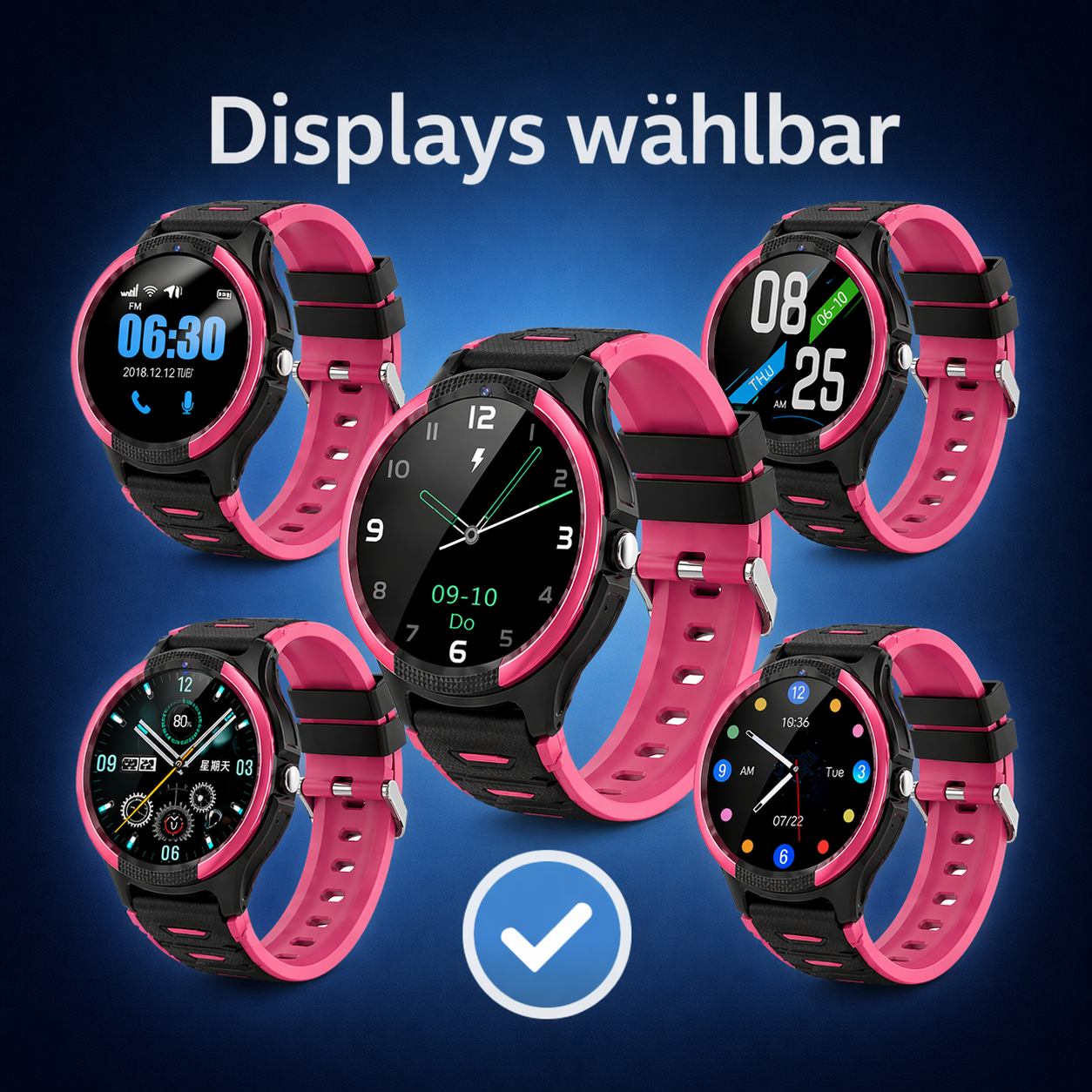 Mehrere Smartwatches mit pinken Armbändern und verschiedenen Displays.