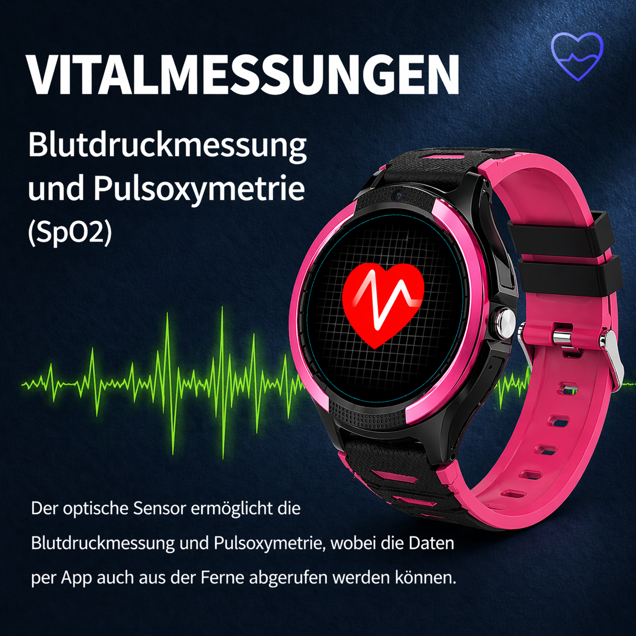 Eine pinke Smartwatch mit Herzschlag-EKG-Anzeige und Vitalmessungs-Text.