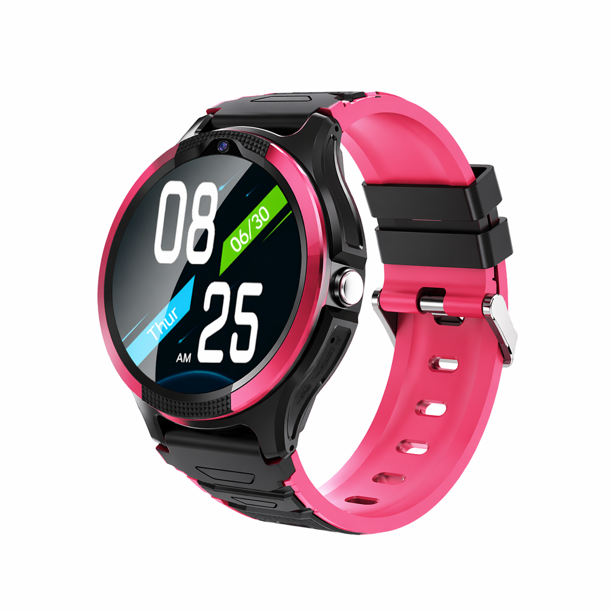 Eine rosa-schwarze Smartwatch zeigt 08:25 Uhr am Donnerstag, 30. Juni.