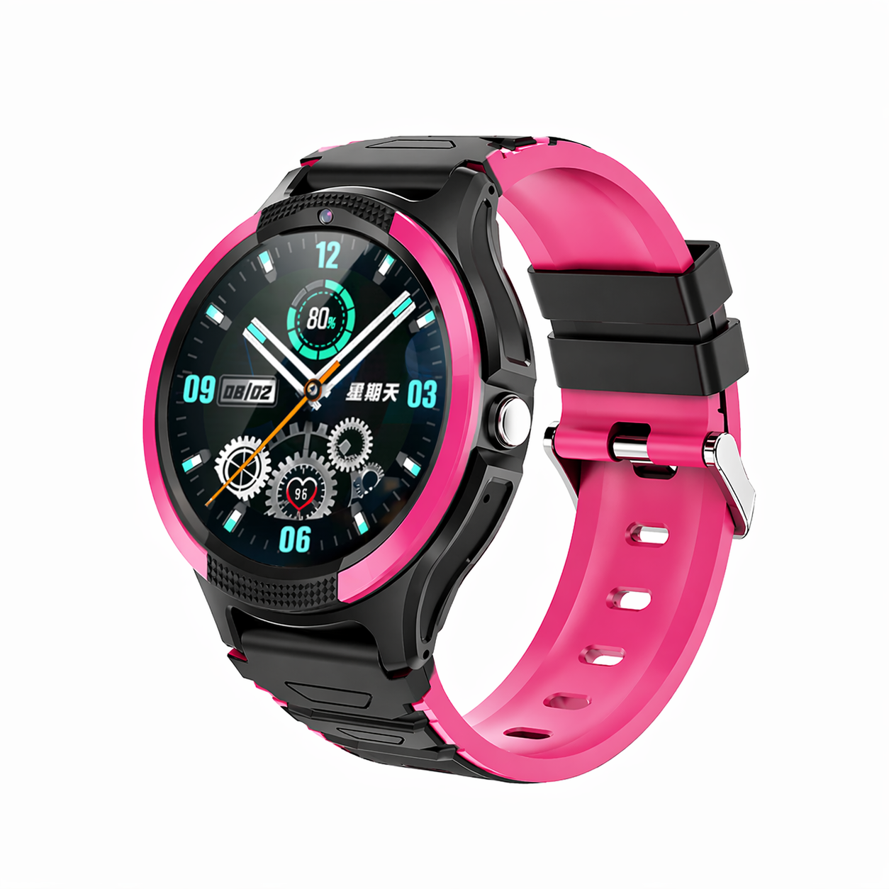 Eine pinkfarbene Smartwatch mit schwarzem Gehäuse und Armband auf weißem Hintergrund.