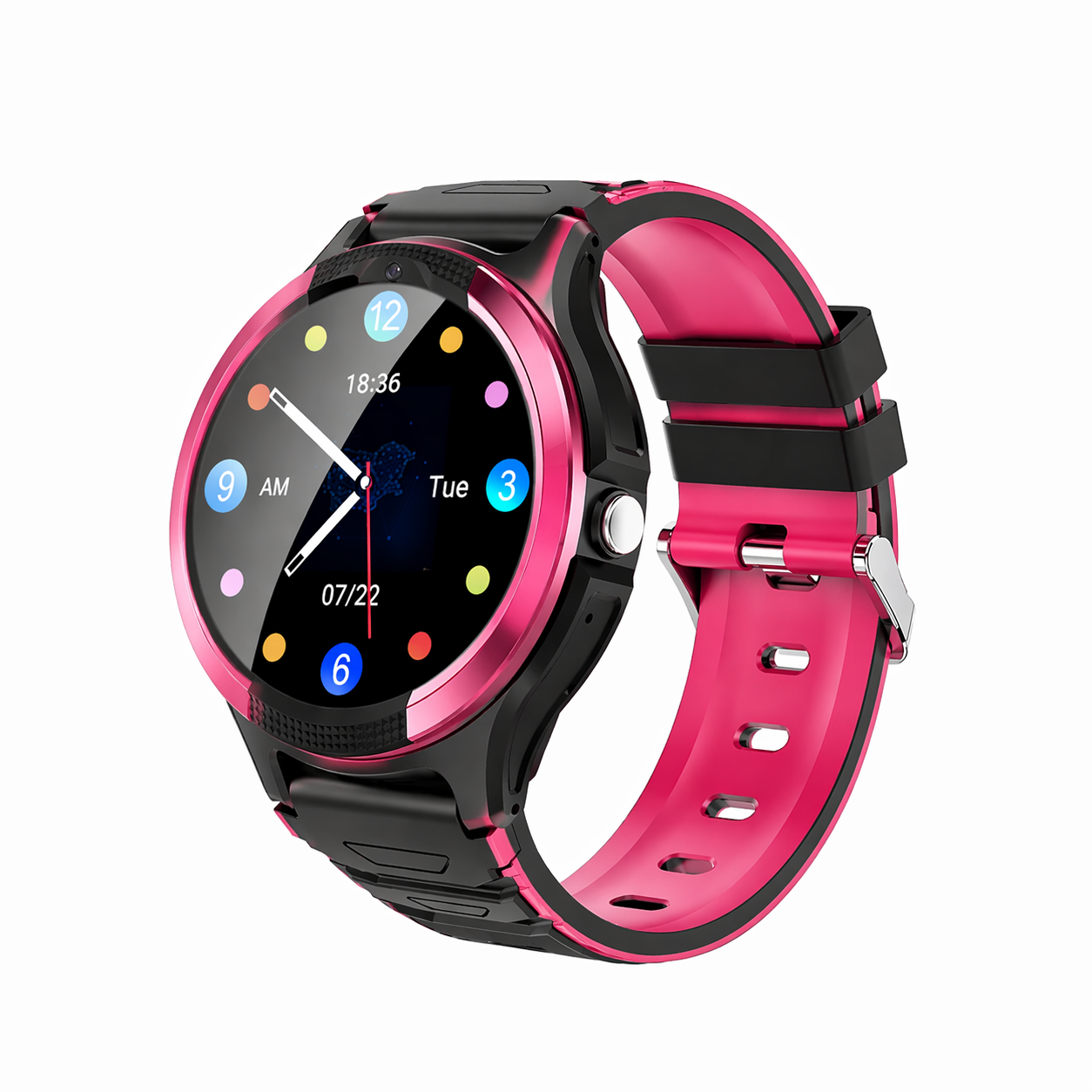 Eine pink-schwarze Smartwatch mit rundem Zifferblatt und digitaler Zeitanzeige.