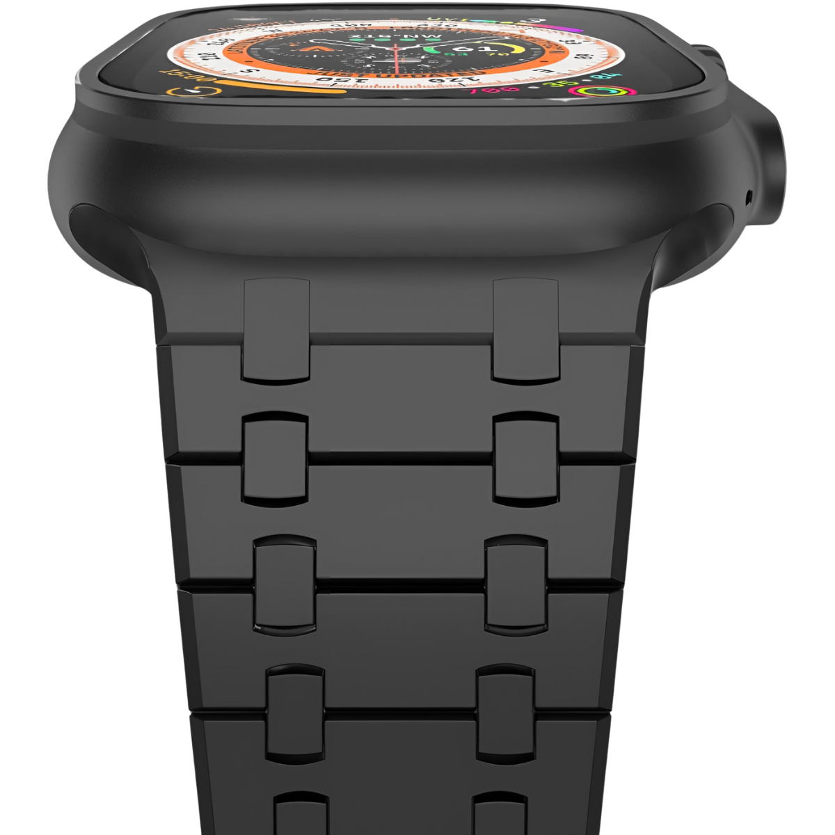 Eine schwarze Smartwatch mit Metallarmband und aktiven Zifferblattelementen.
