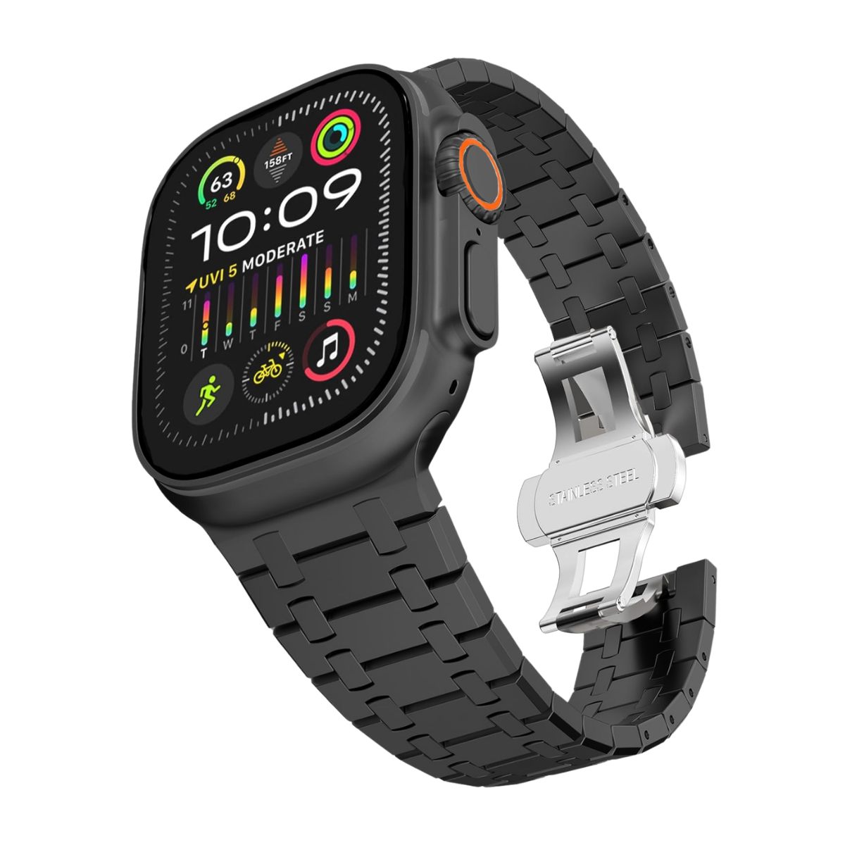 Eine schwarze Smartwatch mit Metallarmband und digitaler Anzeige der Uhrzeit.