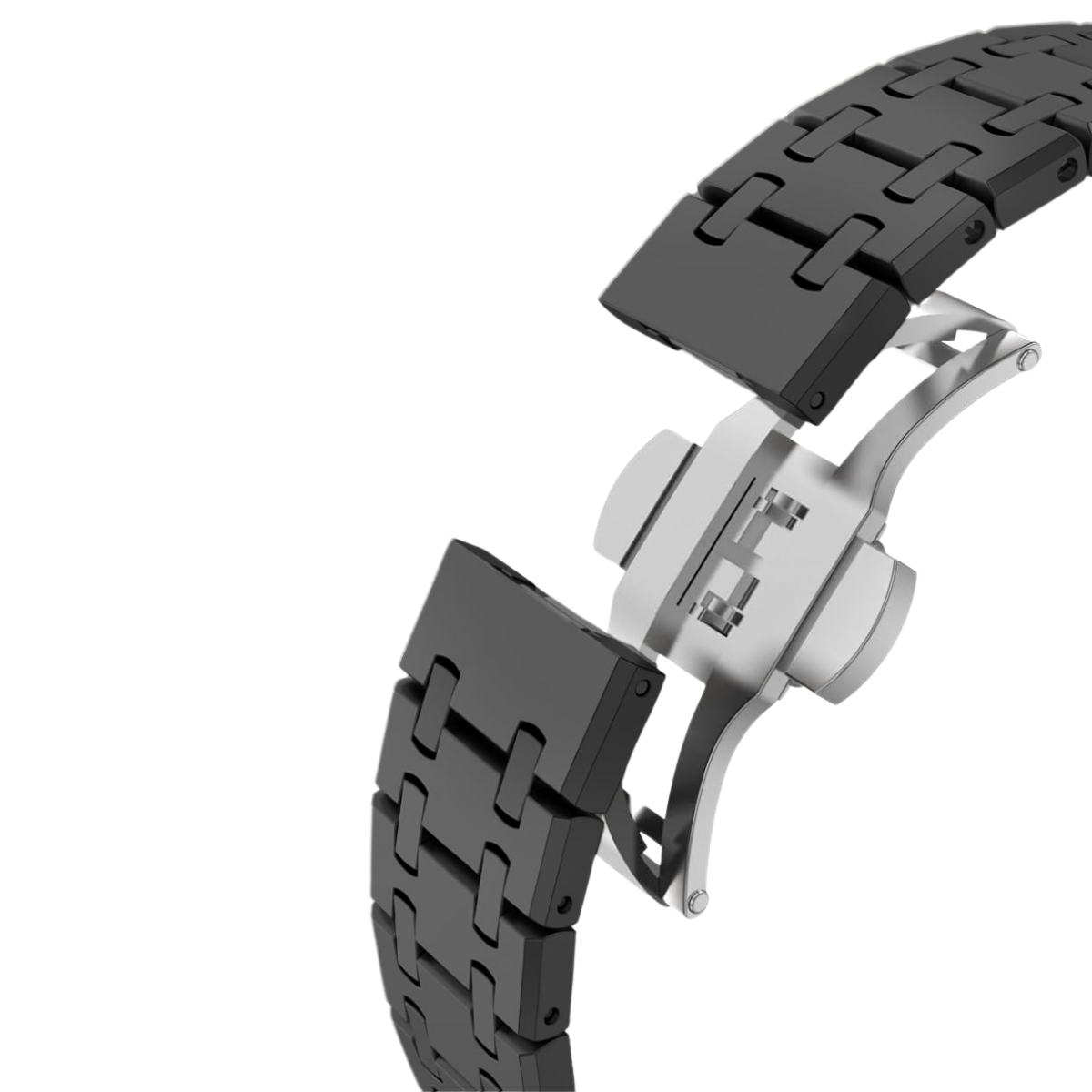 Ein schwarzes Armband mit Metallschnalle ist im Begriff, sich zu schließen.