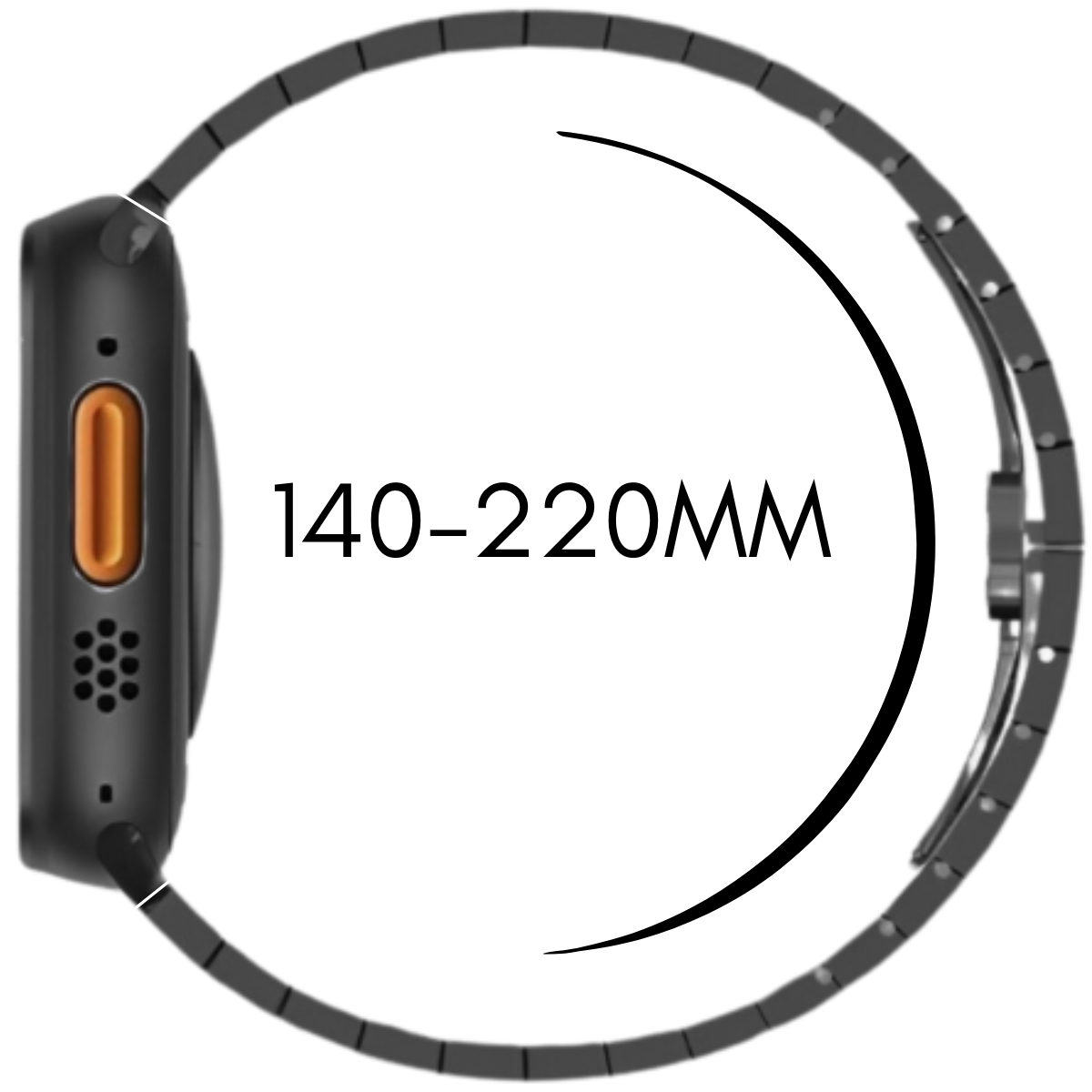Schwarzes Smartwatch-Armband mit Größenangabe 140-220MM.