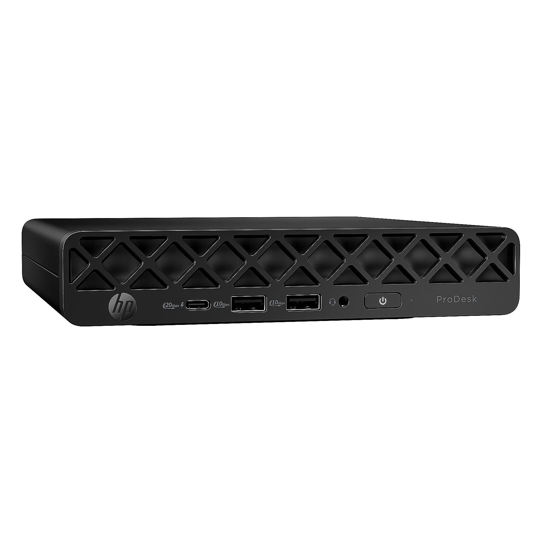Mini PC HP ProDesk nero con griglia di ventilazione, porte e pulsante di accensione.