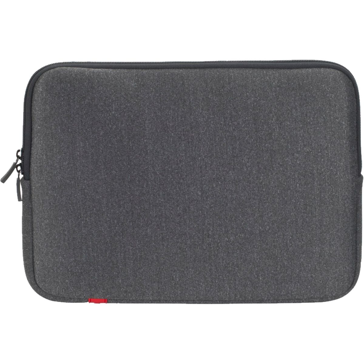 Ciemnoszara torba na laptopa z zamkiem i małym czerwonym logo.